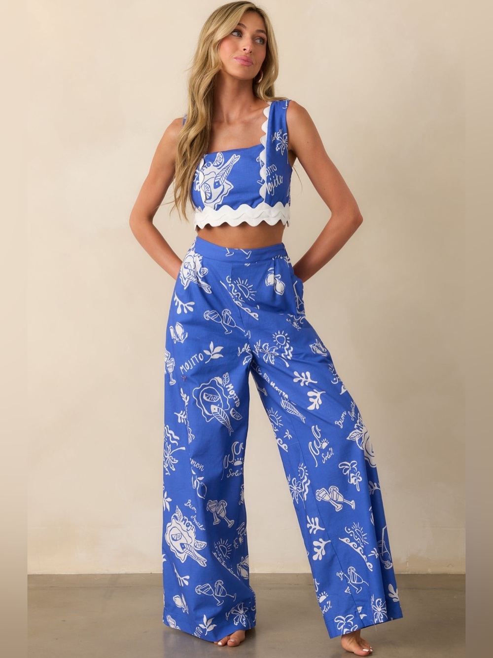 NWT Prosperina Nina Royal Blue Mojito Print Linen Wide Leg Pants M
